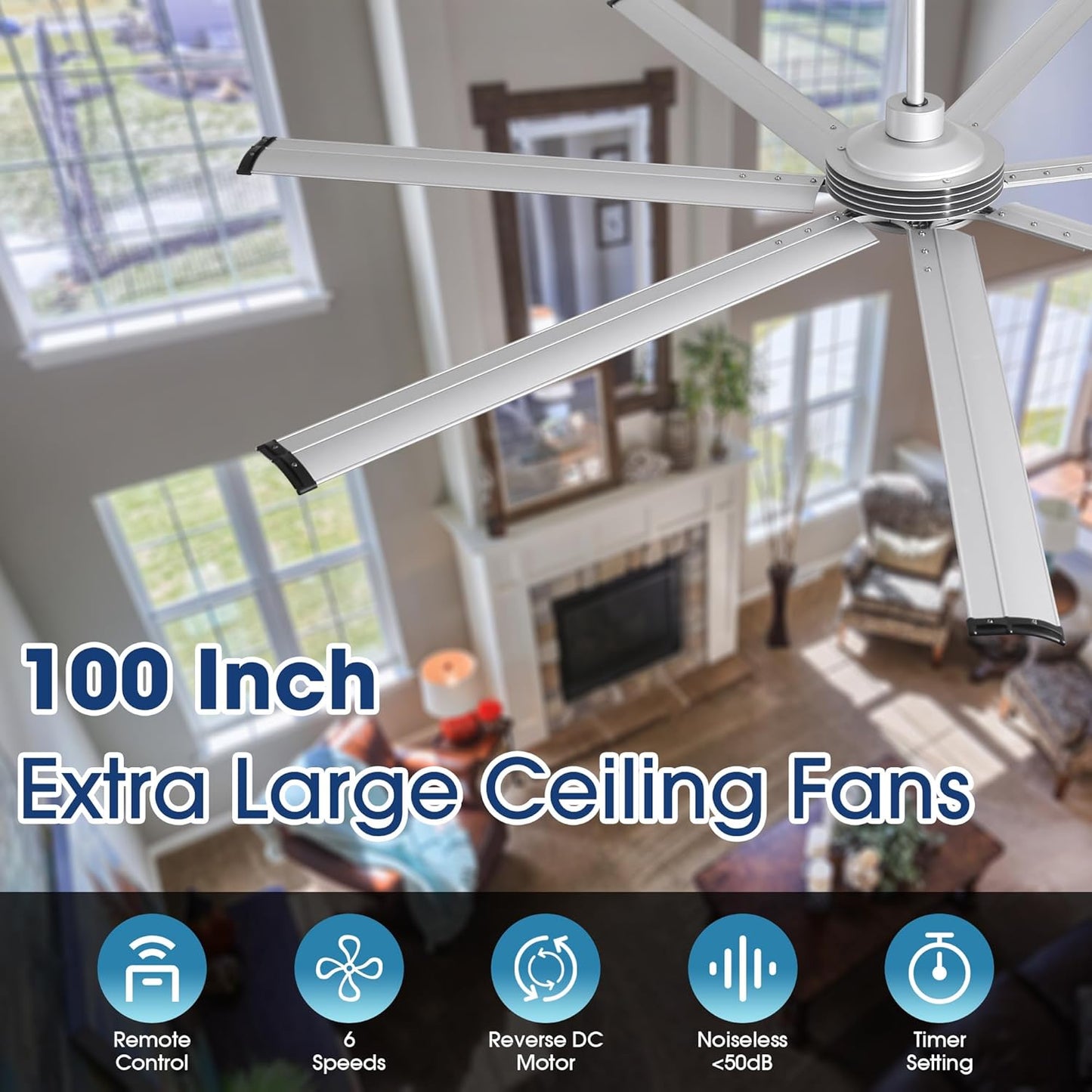 Ceiling Fan Modern 100" Industrial 7-Blade Silver Metal