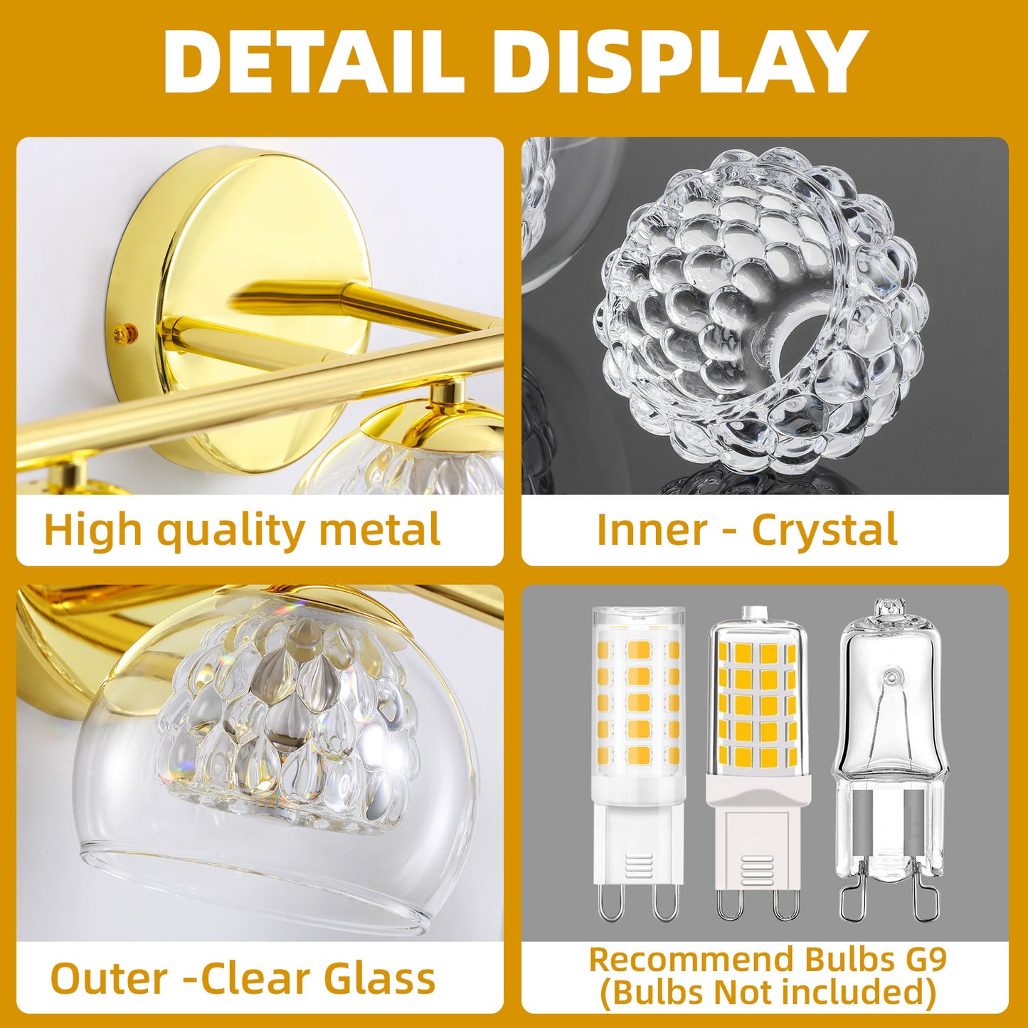 4-Light Gold Crystal Vanity Light – Modern Bathroom Fixture with Inner Crystal Shade