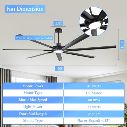Ceiling Fan Industrial 100" Modern Black 7-Blade LED Light