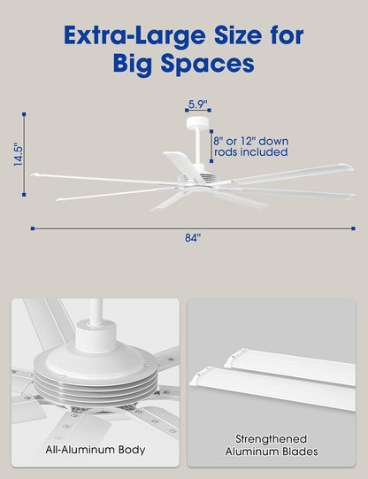 Ceiling Fan Modern 84" Industrial 7-Blade White Metal