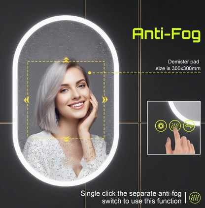 LED Bathroom Mirror with Anti-Fog & Dimmable Lighting (Frameless Oval)