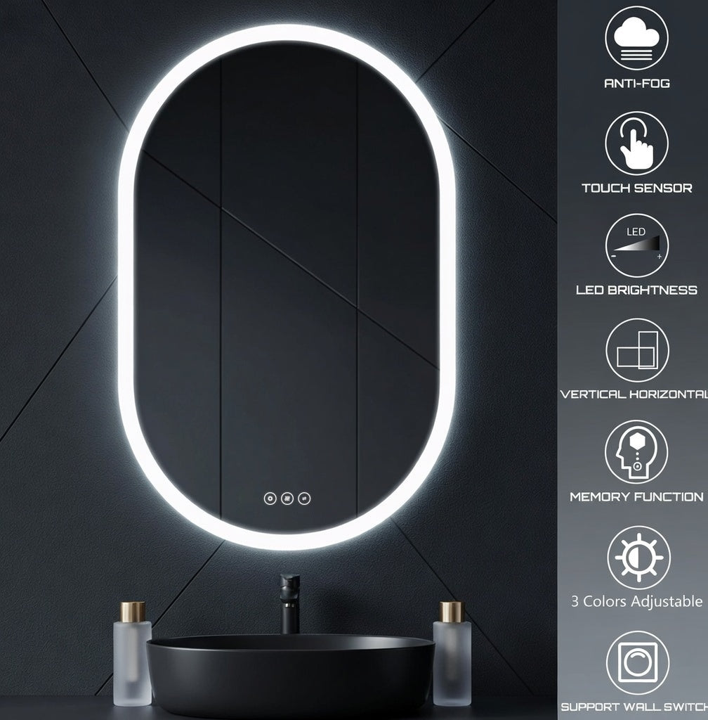 LED Bathroom Mirror with Anti-Fog & Dimmable Lighting (Frameless Oval)