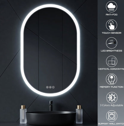 LED Bathroom Mirror with Anti-Fog & Dimmable Lighting (Frameless Oval)