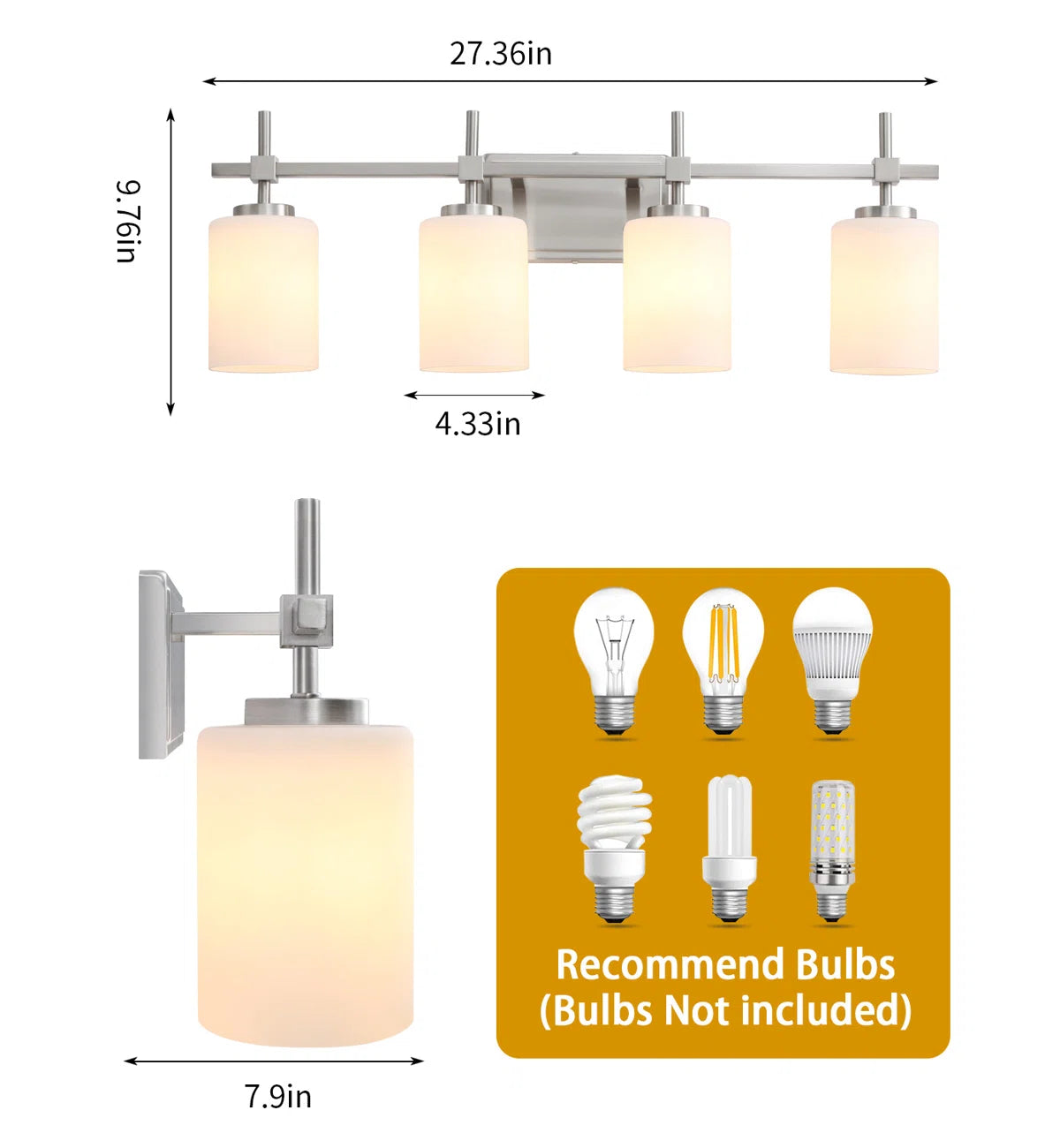 Jasper Brushed Nickel Frosted Glass 4-Light Bathroom Vanity Light