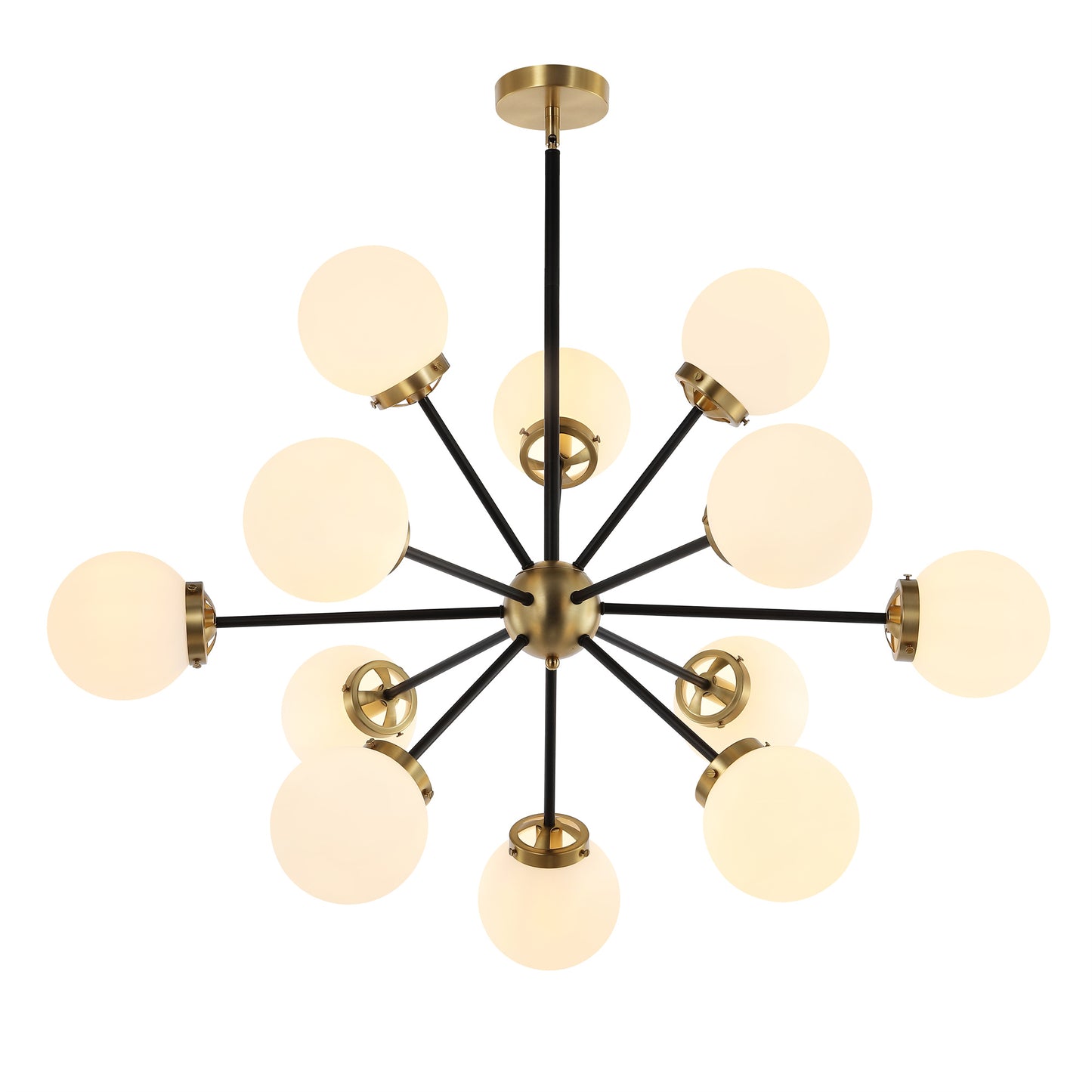 Modern Chandelier Sputnik Black Brass 12-Light Opal Glass
