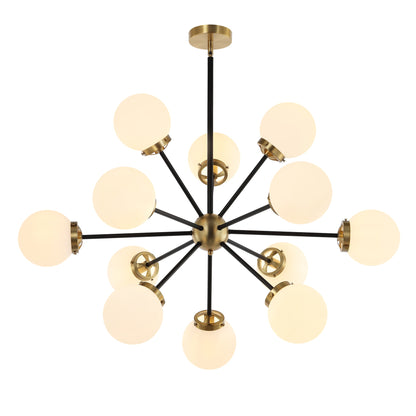 Modern Chandelier Sputnik Black Brass 12-Light Opal Glass