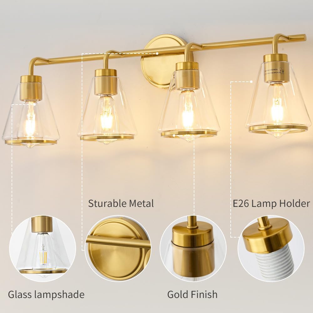 4-Light Gold Bathroom Vanity Light with Clear Glass – Modern Wall Light Fixture
