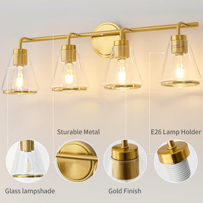 4-Light Gold Bathroom Vanity Light with Clear Glass – Modern Wall Light Fixture