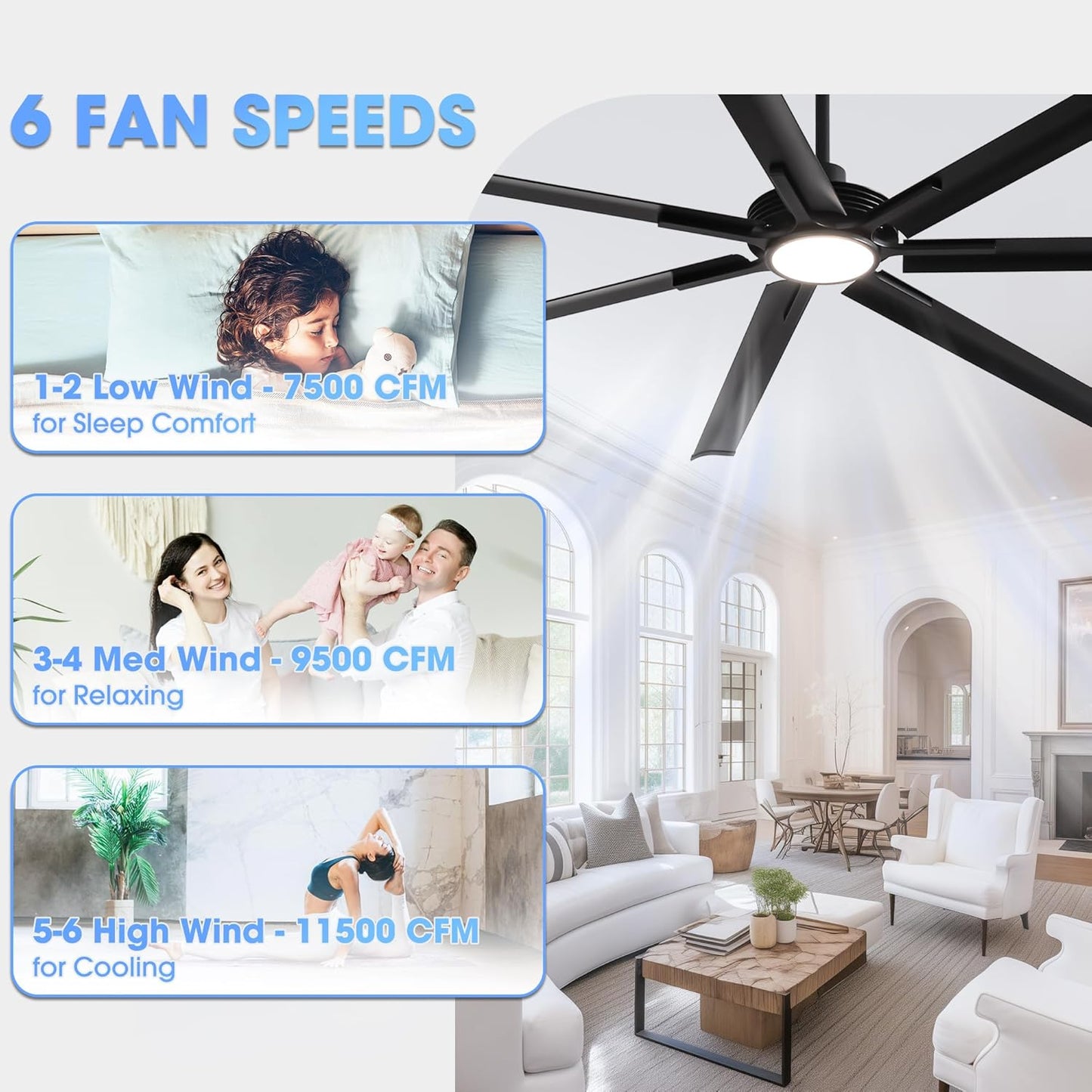 Ceiling Fan Industrial 100" Modern Black 7-Blade LED Light