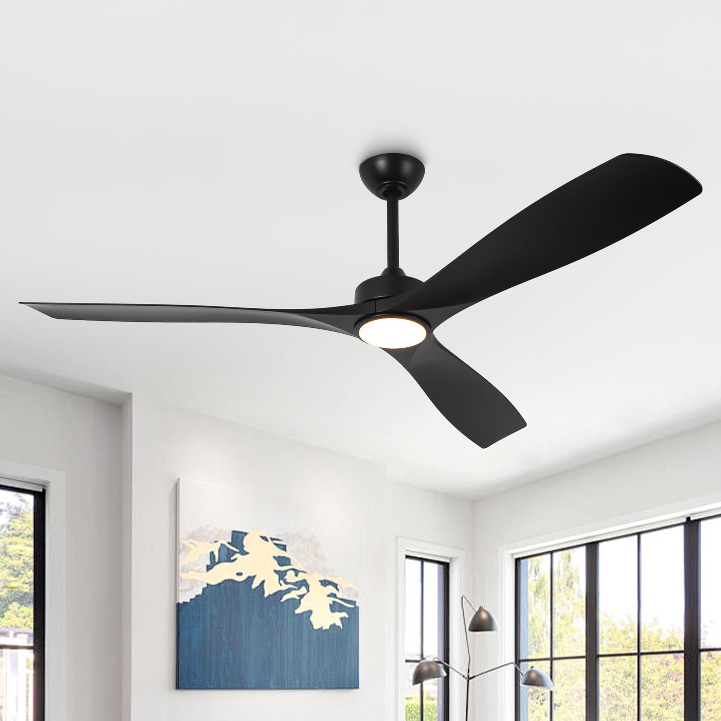 60" Modern Farmhouse Ceiling Fan with Light & Remote – Matte Black, 5-Blade, Quiet DC Motor