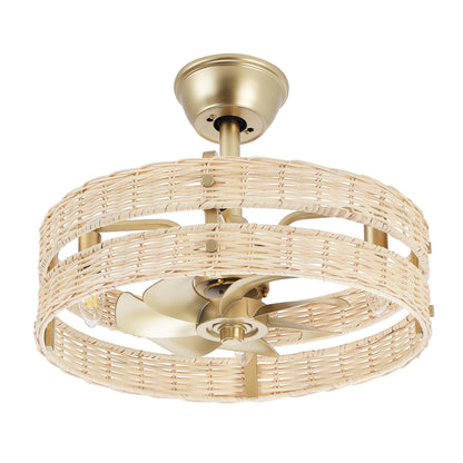 18" Gold Beige Rattan Fandelier Ceiling Fan with Light – Boho Semi Flush Fan with Remote