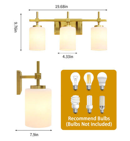 Jasper Gold Traditional Frosted Glass 3-Light Bathroom Vanity Light