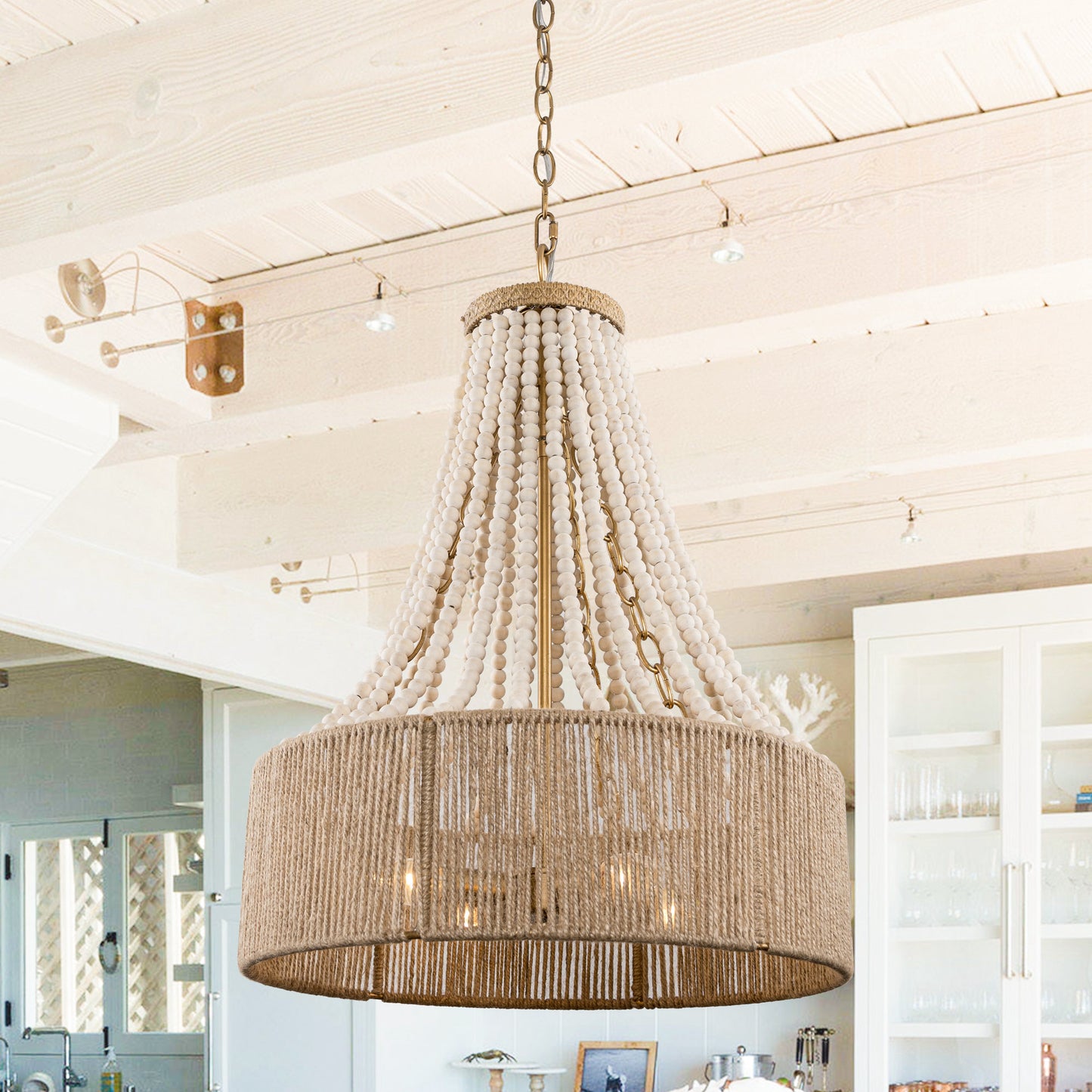 4-Light Golden Farmhouse Wood Bead Chandelier