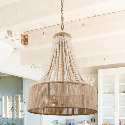 4-Light Golden Farmhouse Wood Bead Chandelier