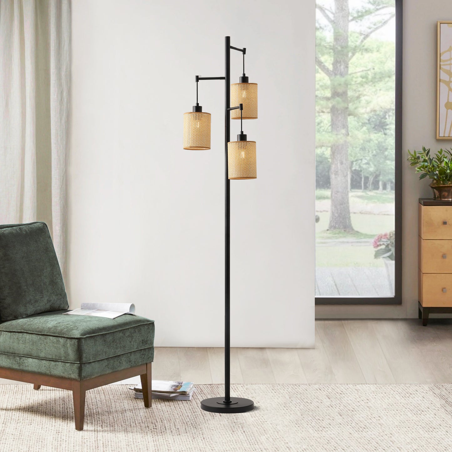 Floor Lamp Traditional Black 69" 3-Light Rattan Shades