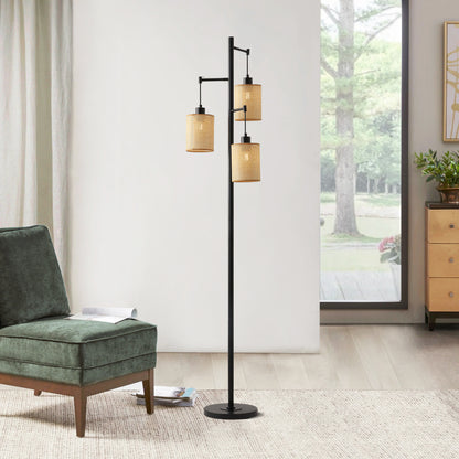 Floor Lamp Traditional Black 69" 3-Light Rattan Shades