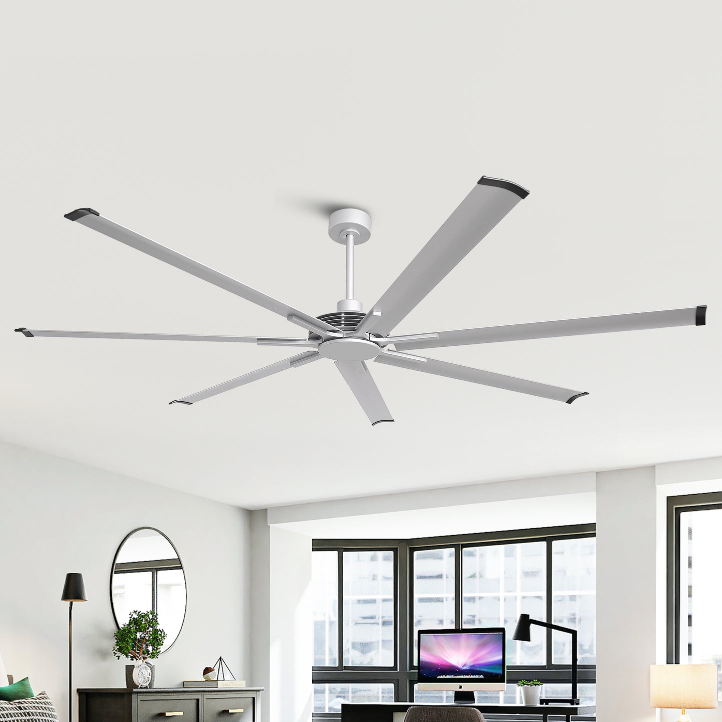 Ceiling Fan Modern 84" Industrial 7-Blade Silver Metal