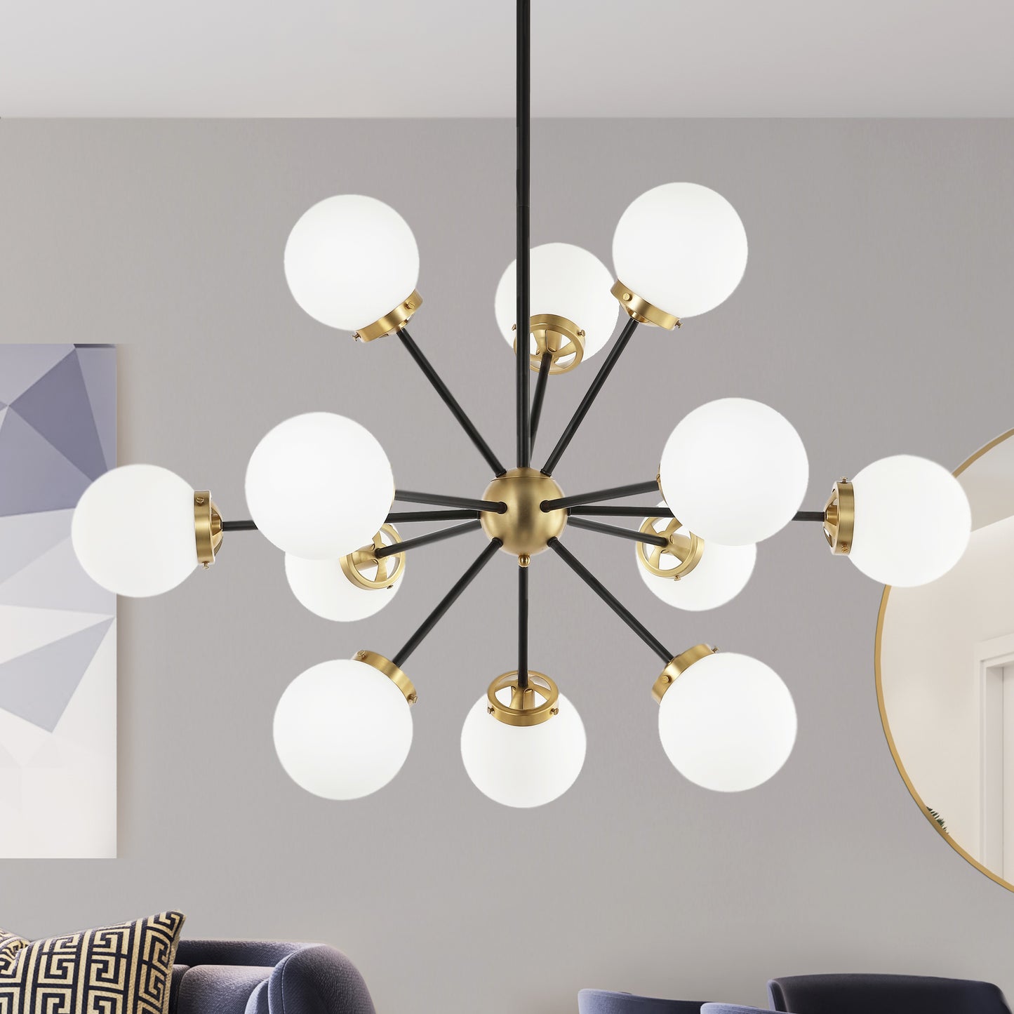 Modern Chandelier Sputnik Black Brass 12-Light Opal Glass