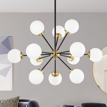Modern Chandelier Sputnik Black Brass 12-Light Opal Glass