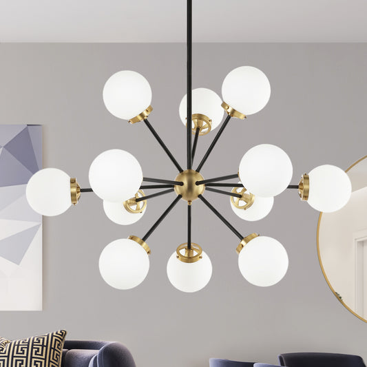Modern Chandelier Sputnik Black Brass 12-Light Opal Glass