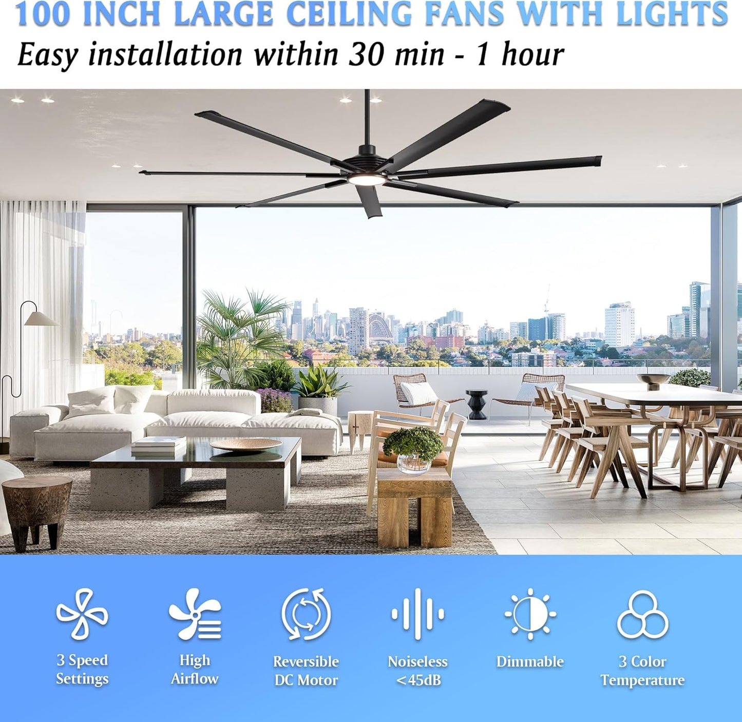 Ceiling Fan Industrial 100" Modern Black 7-Blade LED Light