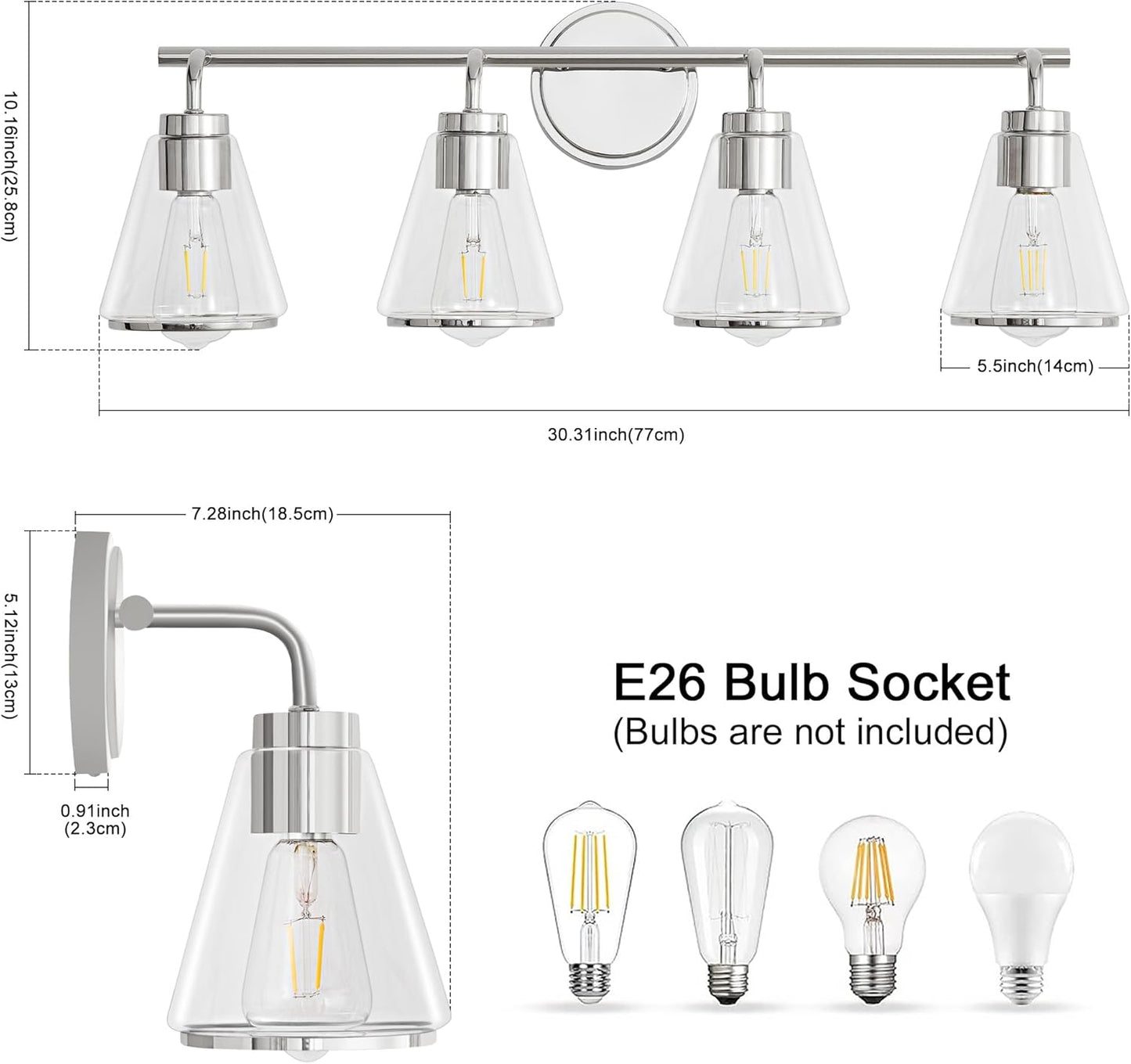 4-Light Chrome Bathroom Vanity Light with Clear Glass – Modern Wall Light Fixture