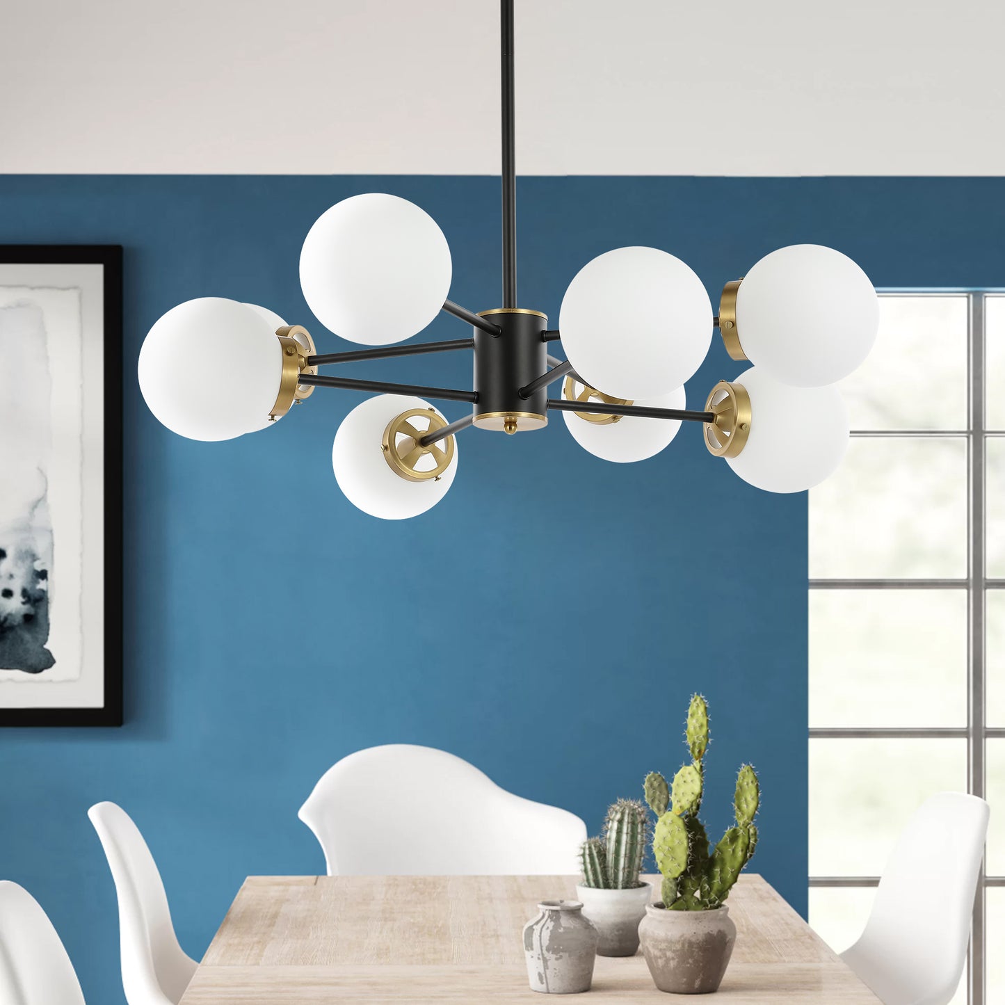 Modern Chandelier Sputnik Black Brass 8-Light Opal Glass 32"