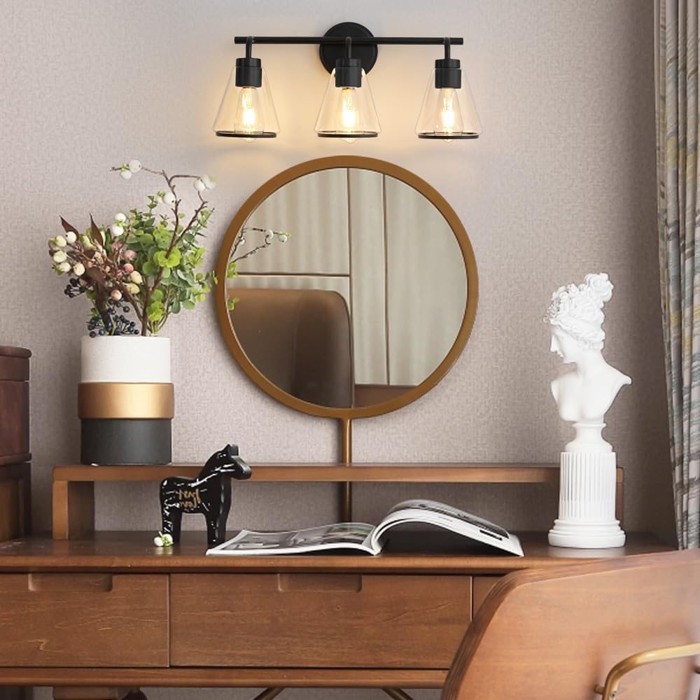 3-Light Matte Black Bathroom Vanity Light with Clear Glass – Modern Wall Light Fixture