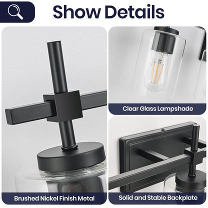 Jasper Black Clear Glass 3-Light Bathroom Vanity Light