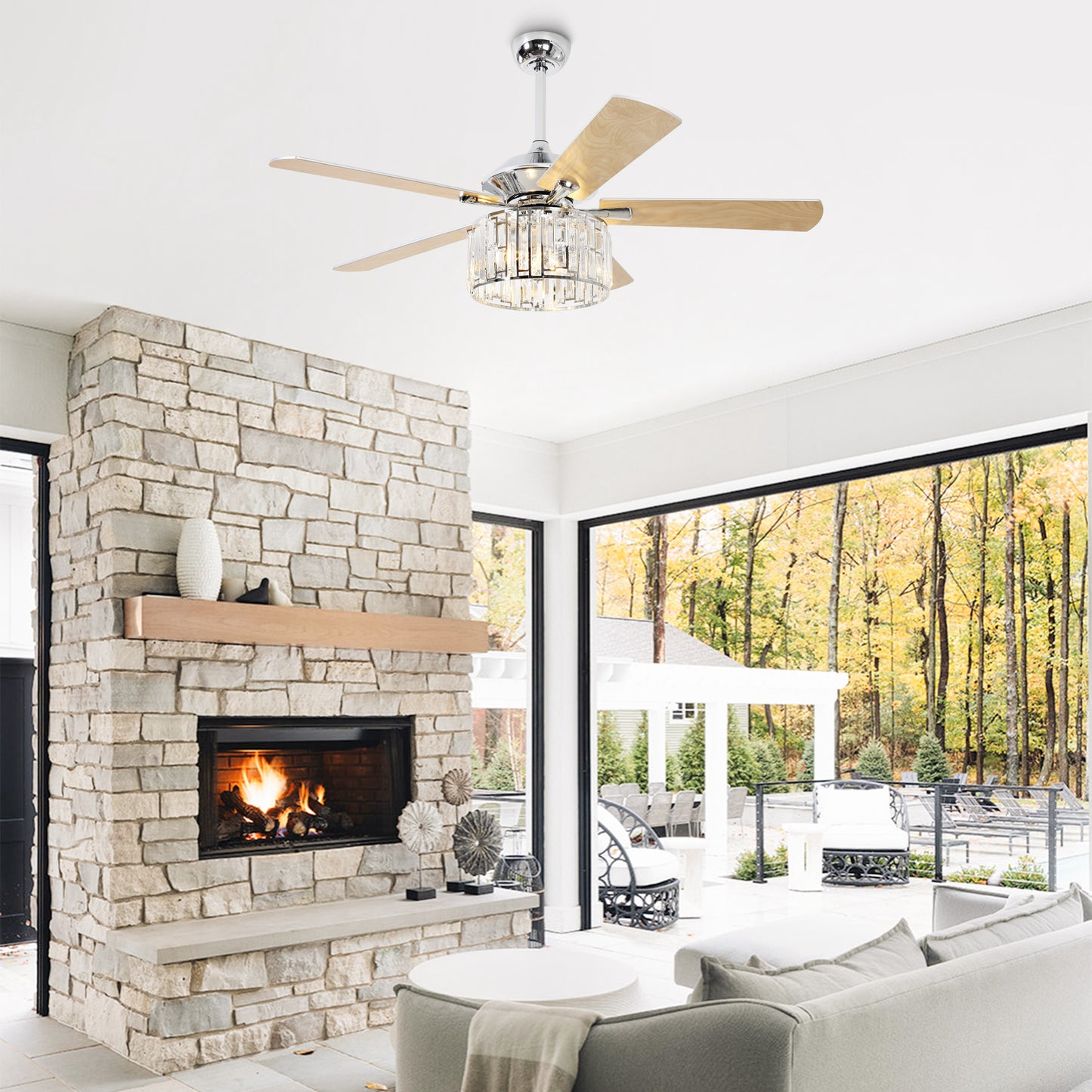 52" Crystal Ceiling Fan with Light & Remote – Chrome 5-Blade, DC Motor, Large Room
