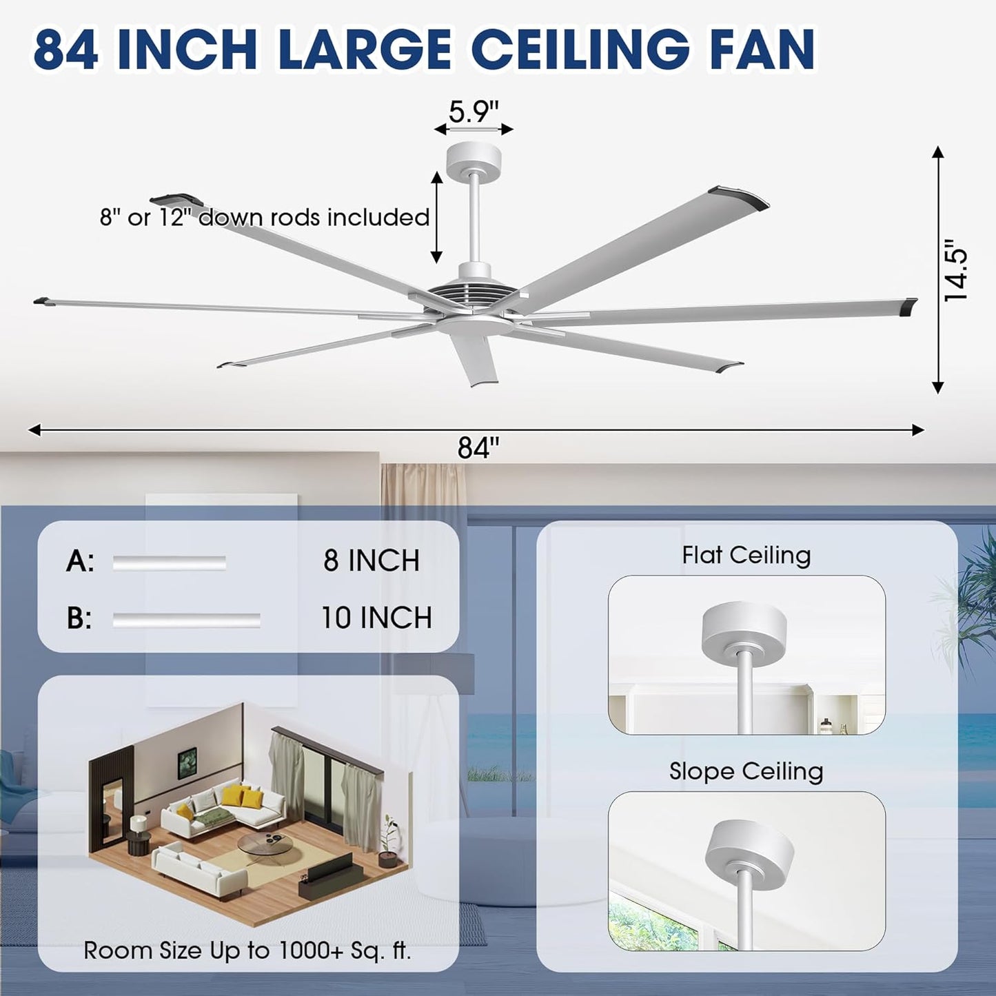 Ceiling Fan Modern 84" Industrial 7-Blade Silver Metal