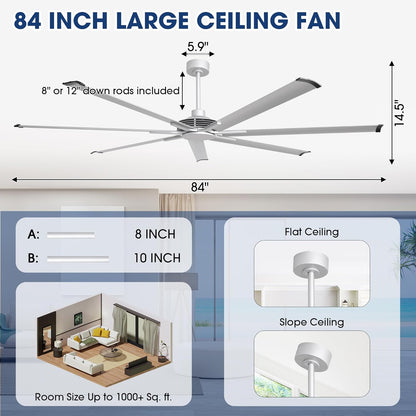 Ceiling Fan Modern 84" Industrial 7-Blade Silver Metal