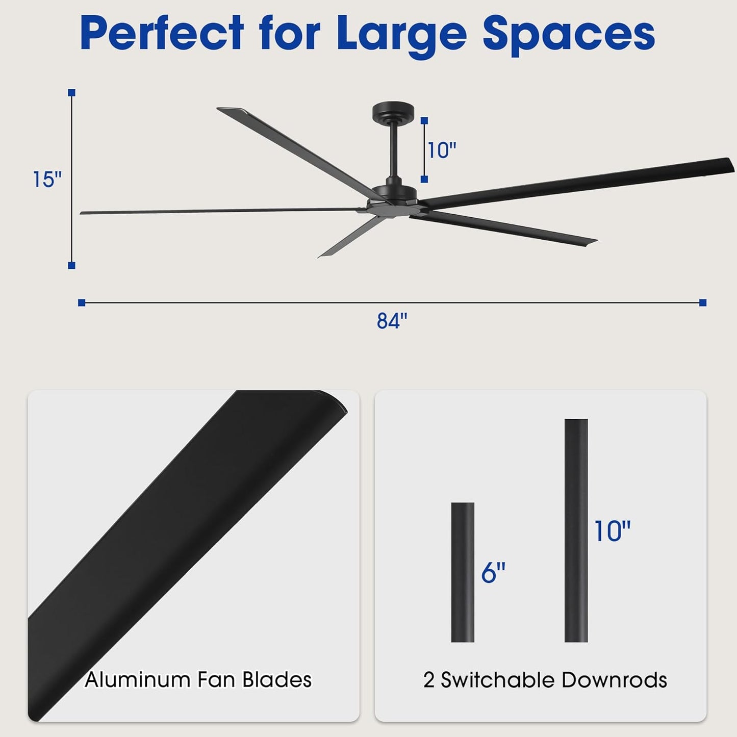 Ceiling Fan 84" Industrial 5-Blade Black IPX4 Outdoor Use