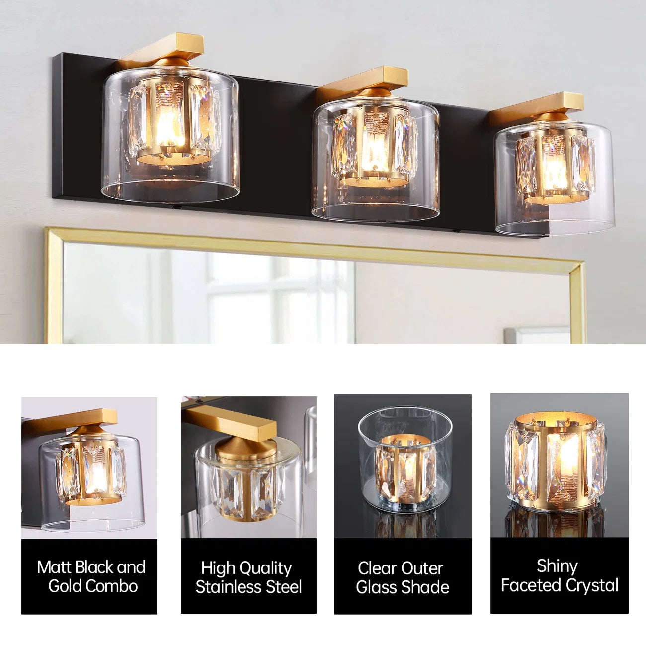 Kolt Black & Gold Traditional 3-Light Bathroom Vanity Light