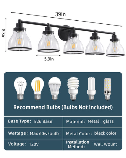 Hermosa Black 5-Light Bathroom Vanity Light
