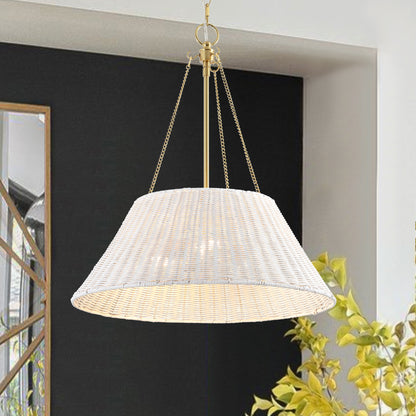 Farmhouse Chandelier 22" 3-Light Brass White Rattan Shade