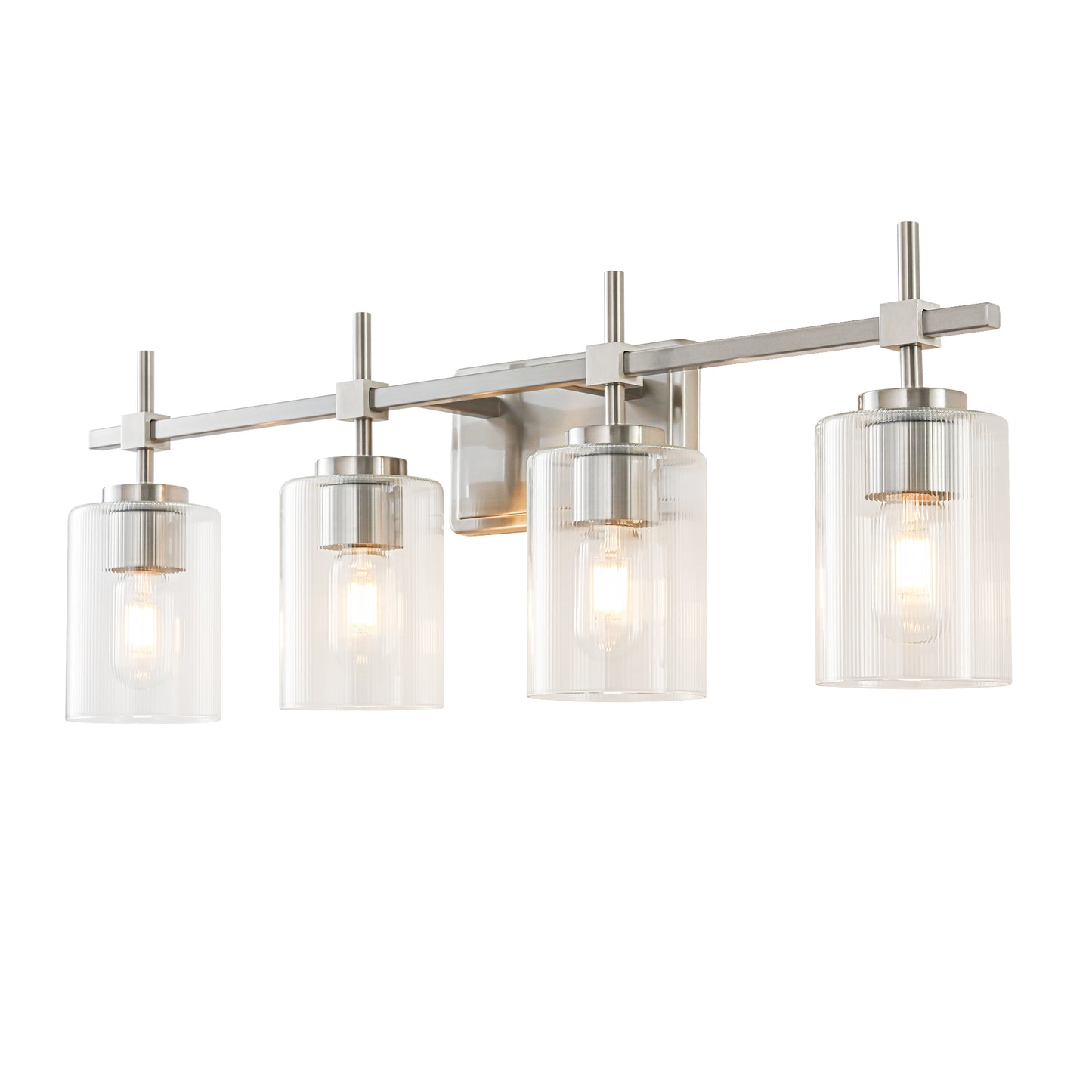 4-Light Brushed Nickel Vanity Light – Modern Bathroom Wall Light with Ribbed Glass