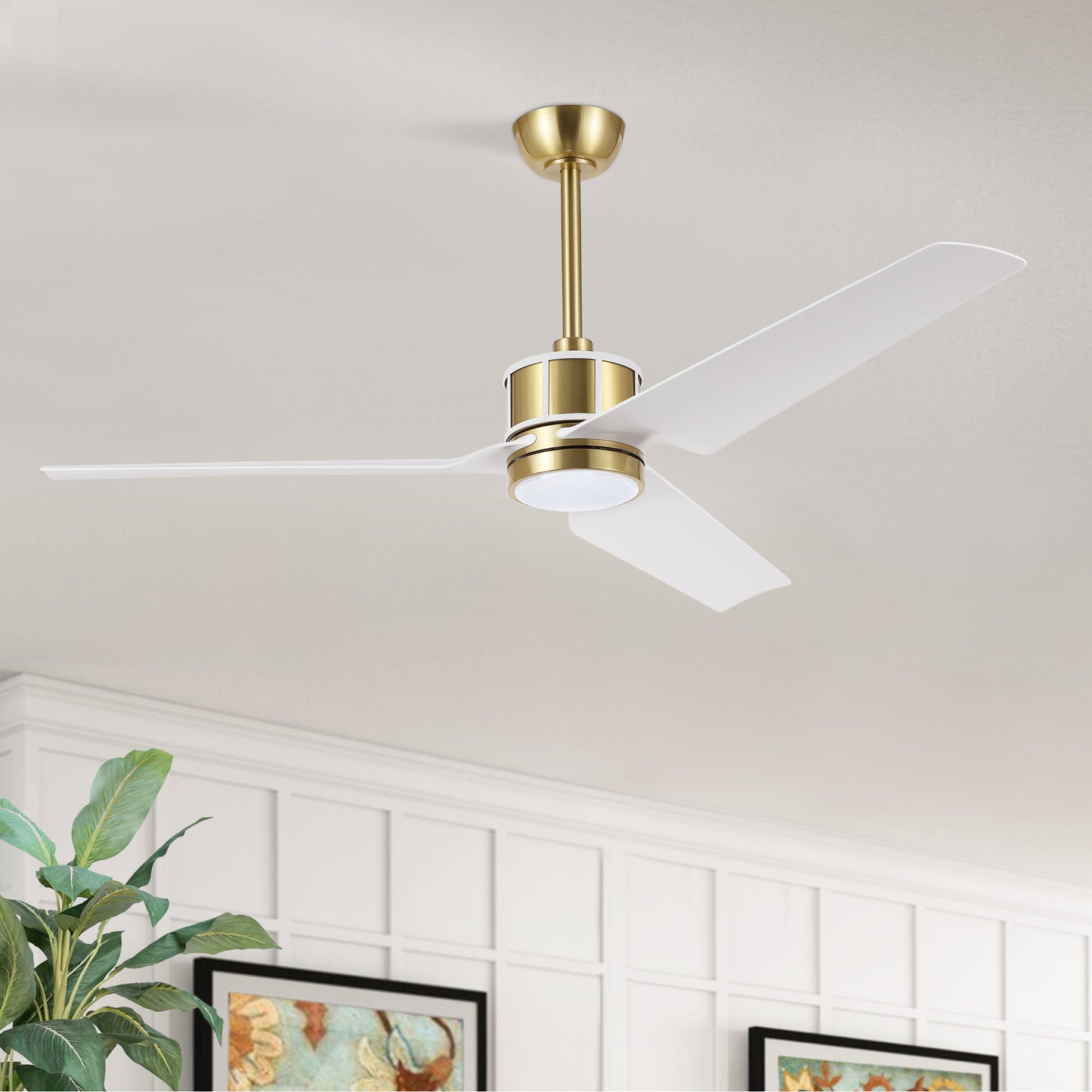 52" Gold and White Ceiling Fan with LED Light and Remote – Modern Wood Blade Fan