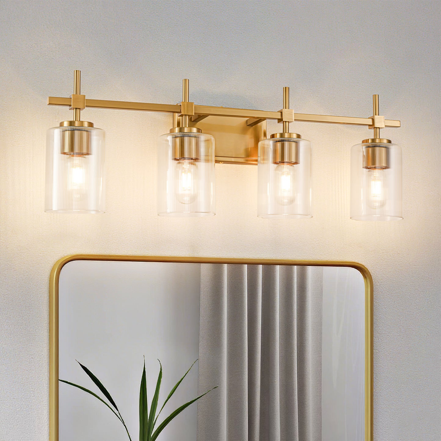 4-Light Gold Vanity Light – Modern Bathroom Wall Light with Ribbed Glass