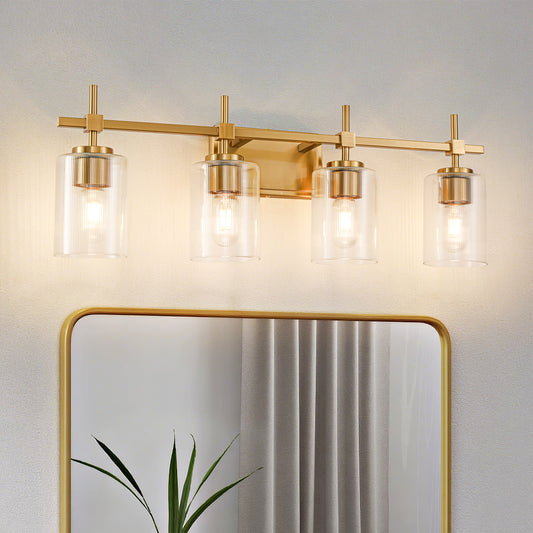 4-Light Gold Vanity Light – Modern Bathroom Wall Light with Ribbed Glass