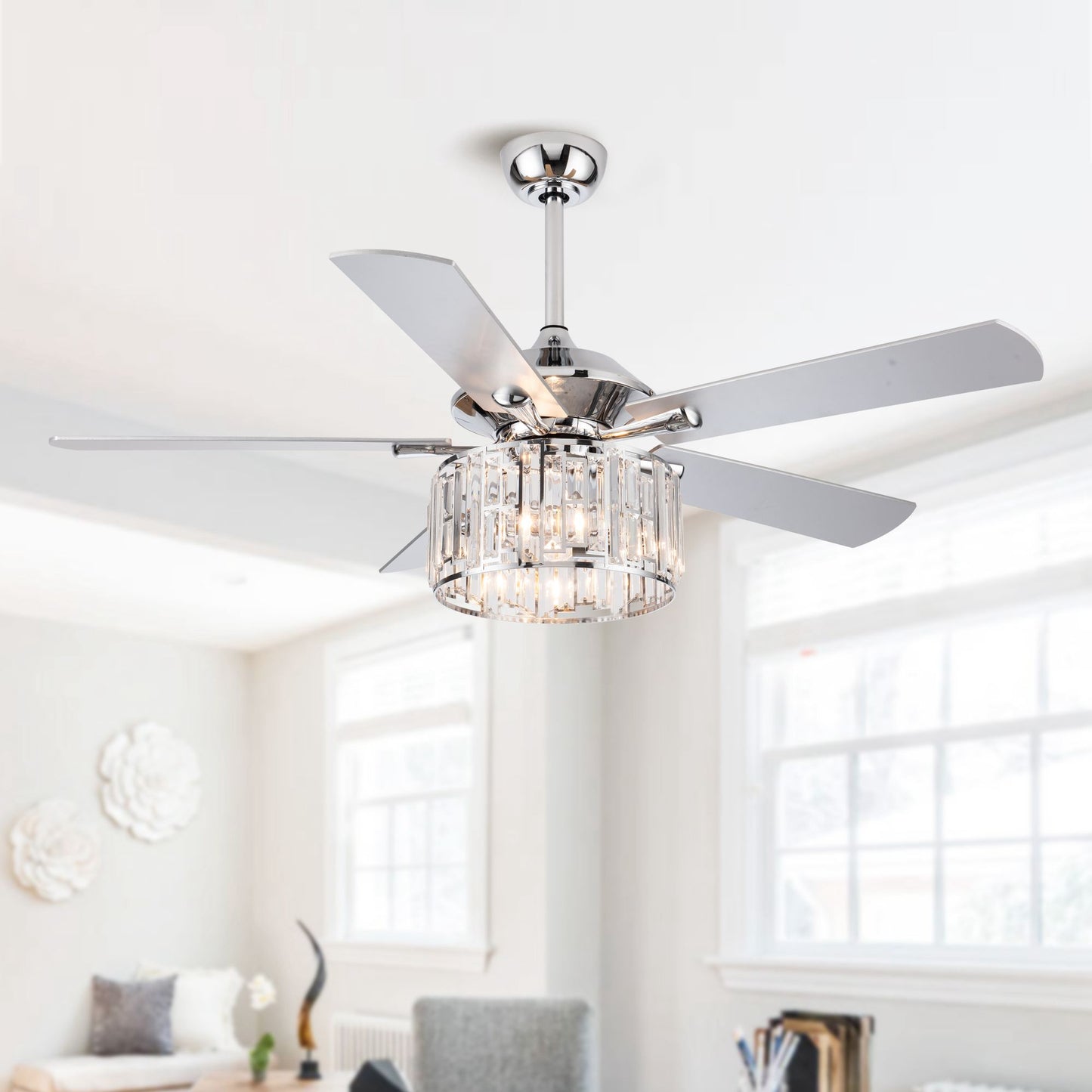 52" Crystal Ceiling Fan with Light & Remote – Chrome 5-Blade, DC Motor, Large Room