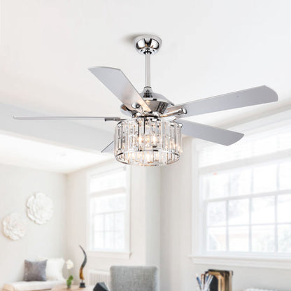 52" Crystal Ceiling Fan with Light & Remote – Chrome 5-Blade, DC Motor, Large Room