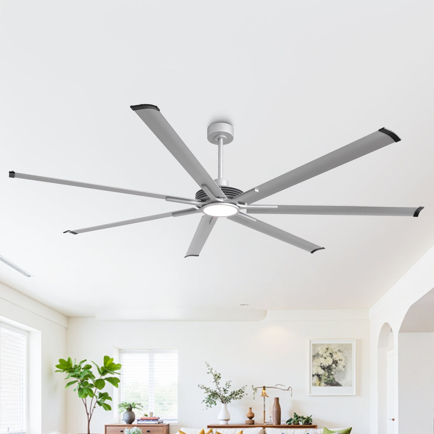 Ceiling Fan Industrial 100" Modern Silver 7-Blade LED Light