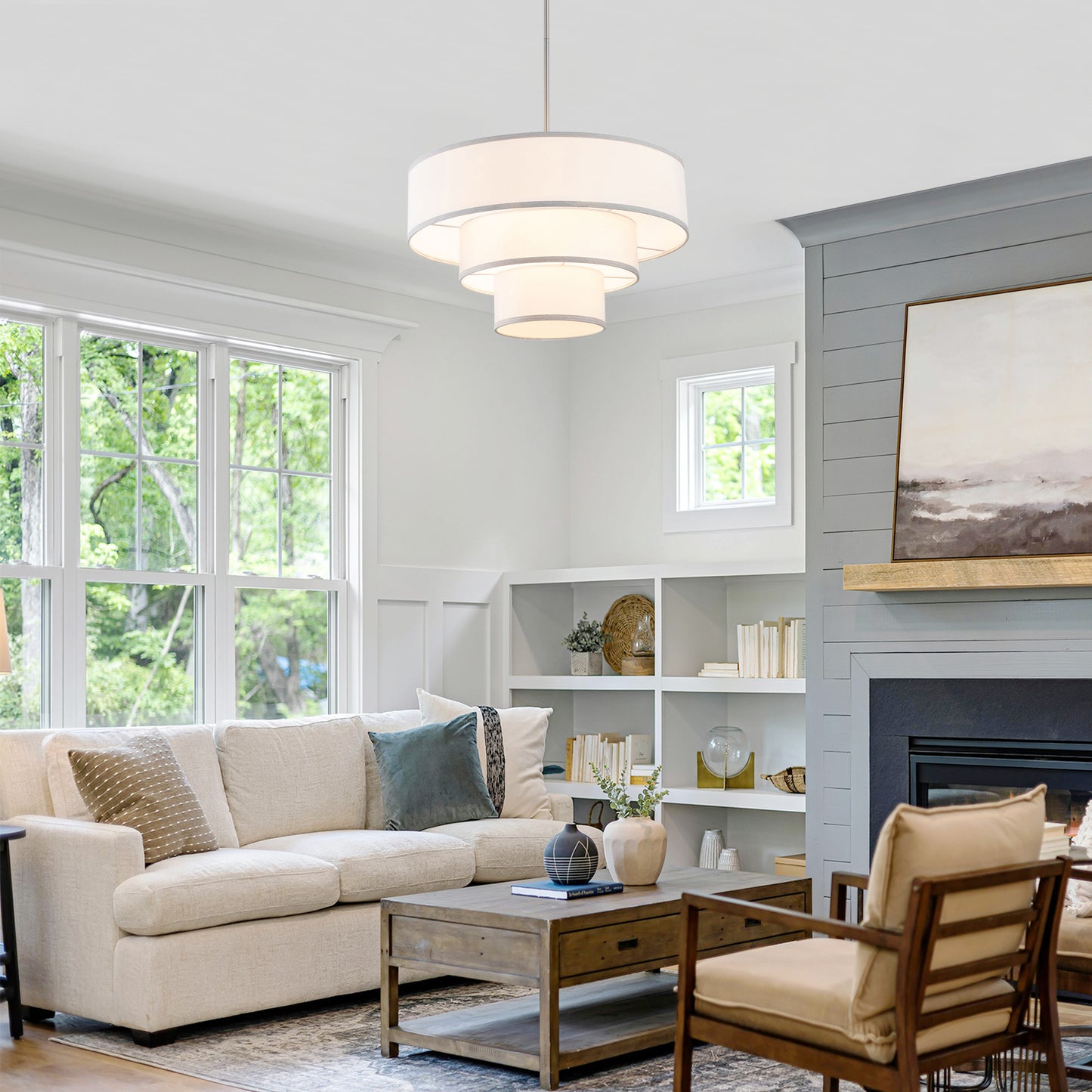 Modern Chandelier 24" 5-Light Nickel Tiered Drum Linen Shade