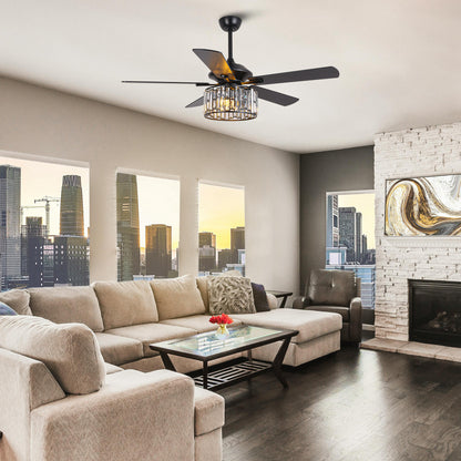 52" Crystal Ceiling Fan with Light & Remote – Black 5-Blade, DC Motor, Large Room