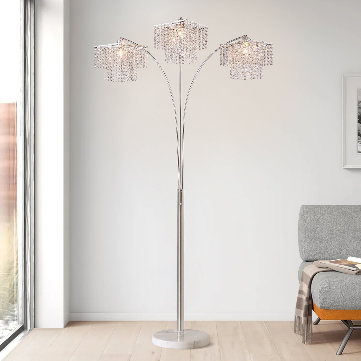Brio 85" 3-Light Modern Crystal Arc Floor Lamp