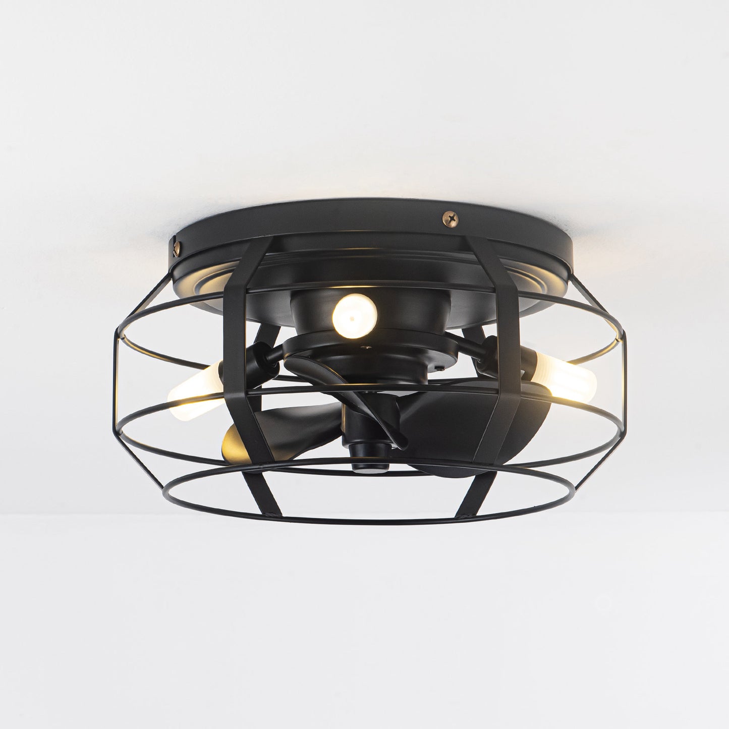 12" Low Profile 3-Blade Black Cage Ceiling Fan with Light & Remote | Flush Mount Modern Farmhouse Indoor Fan