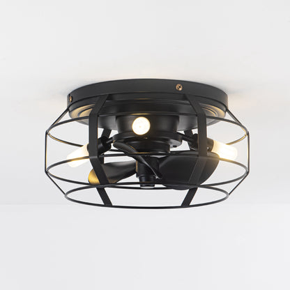 12" Low Profile 3-Blade Black Cage Ceiling Fan with Light & Remote | Flush Mount Modern Farmhouse Indoor Fan