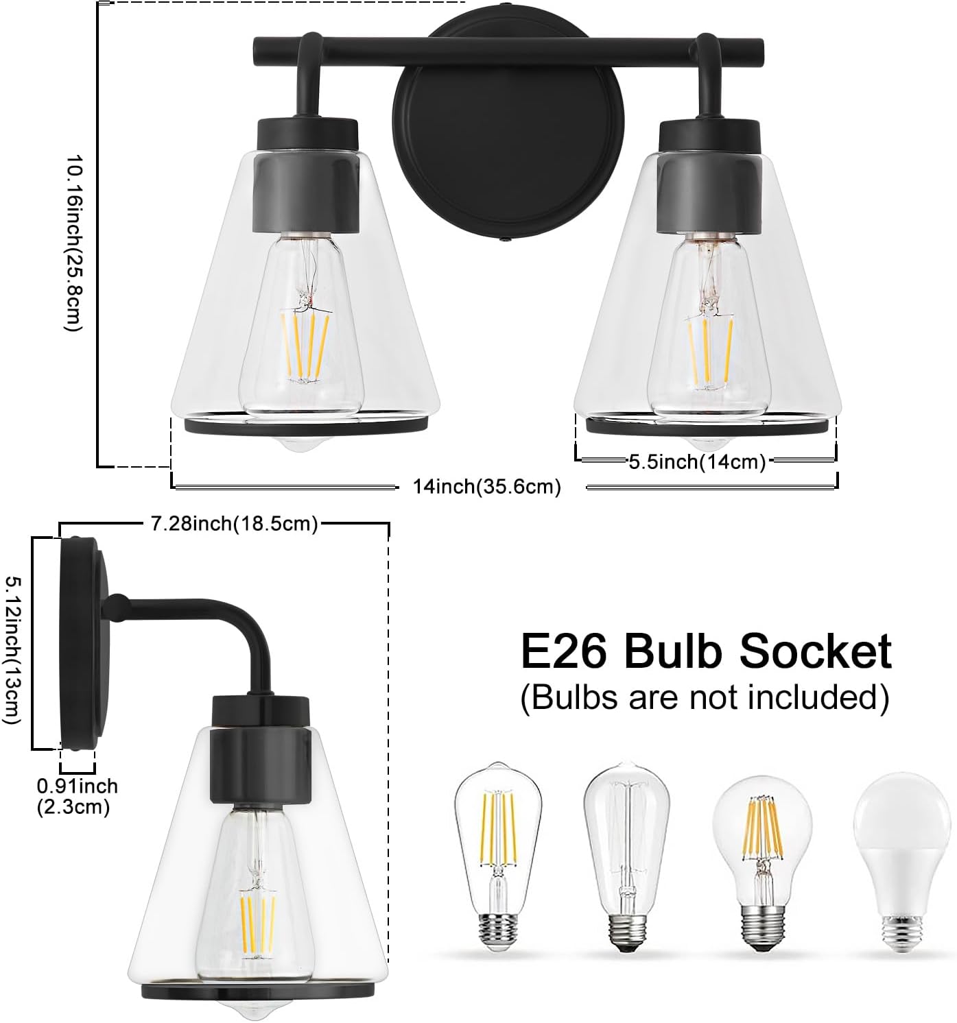 2-Light Matte Black Bathroom Vanity Light with Clear Glass – Modern Wall Light Fixture
