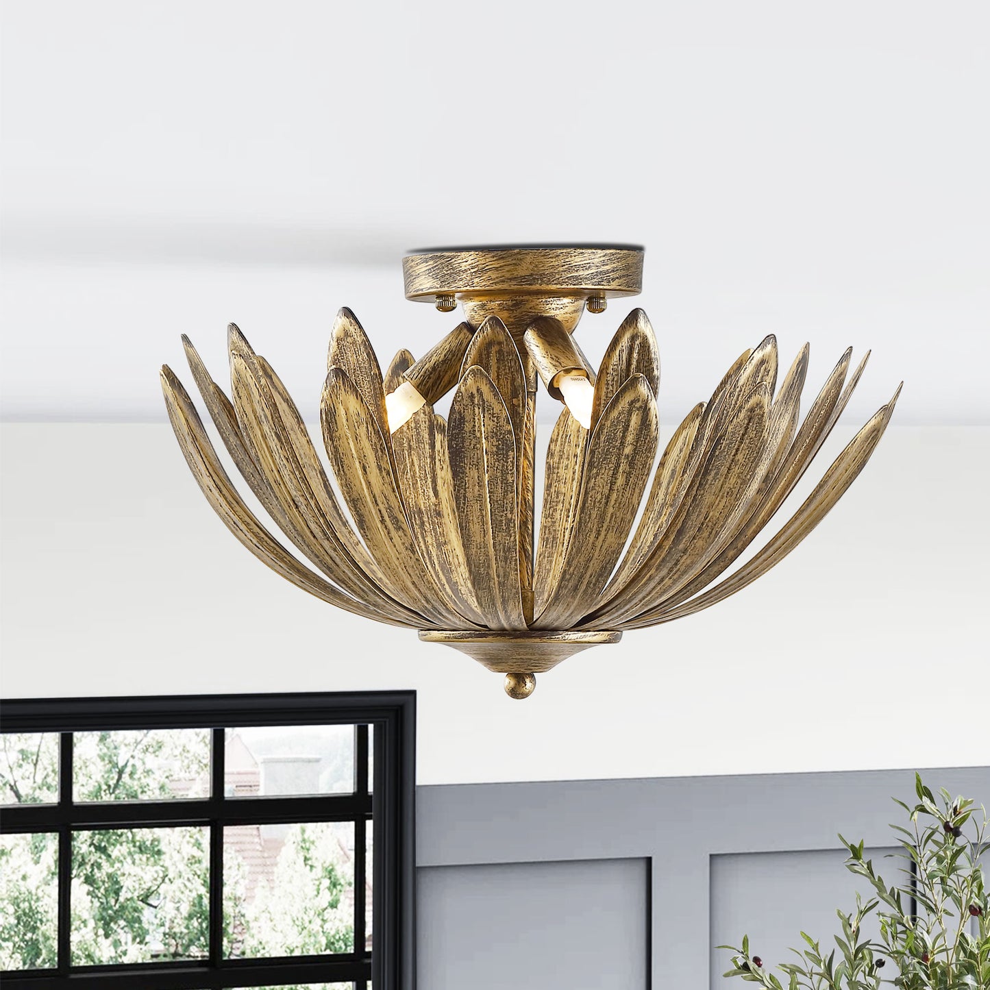 Gold Semi-Flush Mount Light 15" Hand Painted 3-Light Fixture